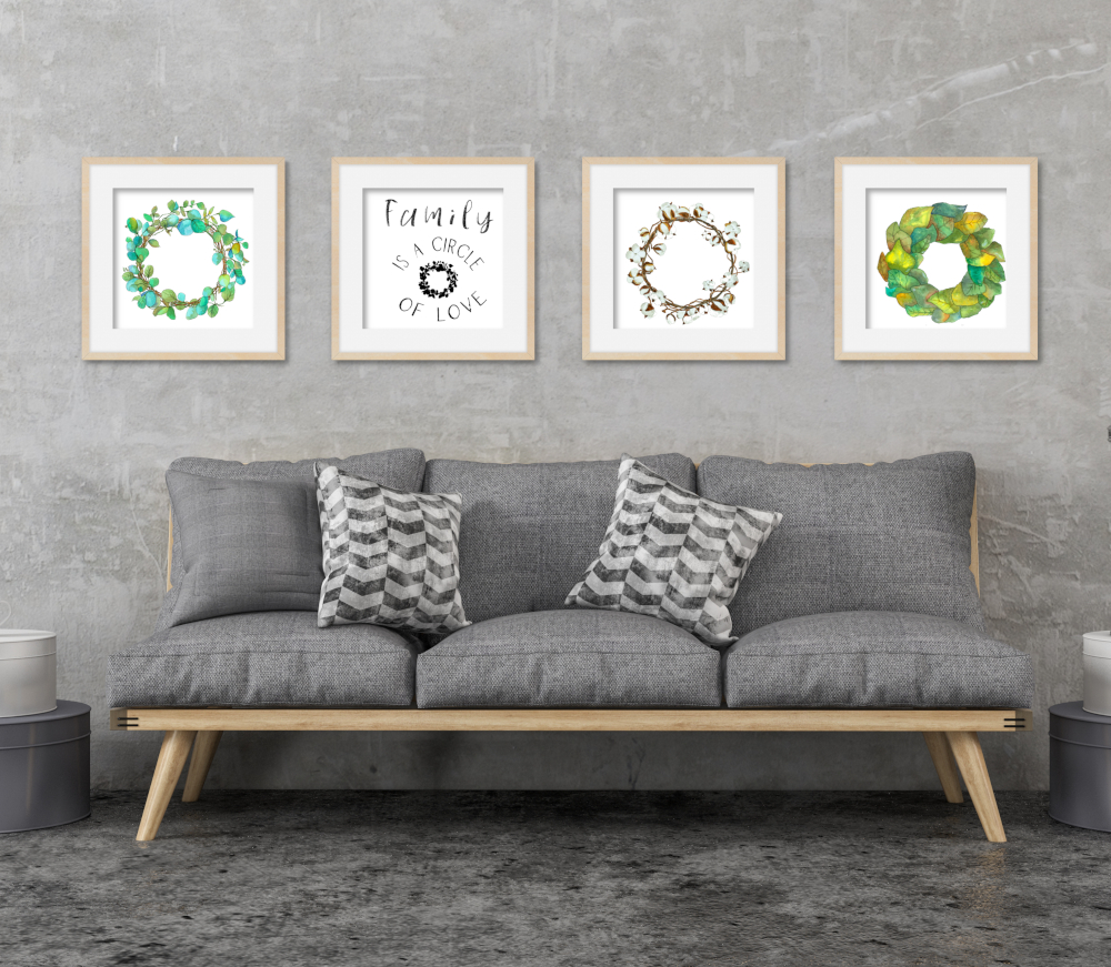 Printable Farmhouse Wreaths over Sofa