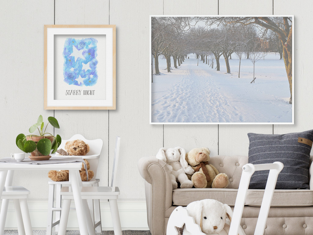 Celestial Nursery in winter with stars wall art